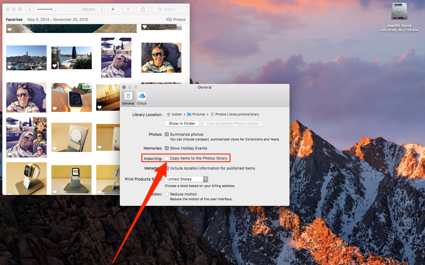 Uncheck Copy items to the Photos library in Mac Photos app settings