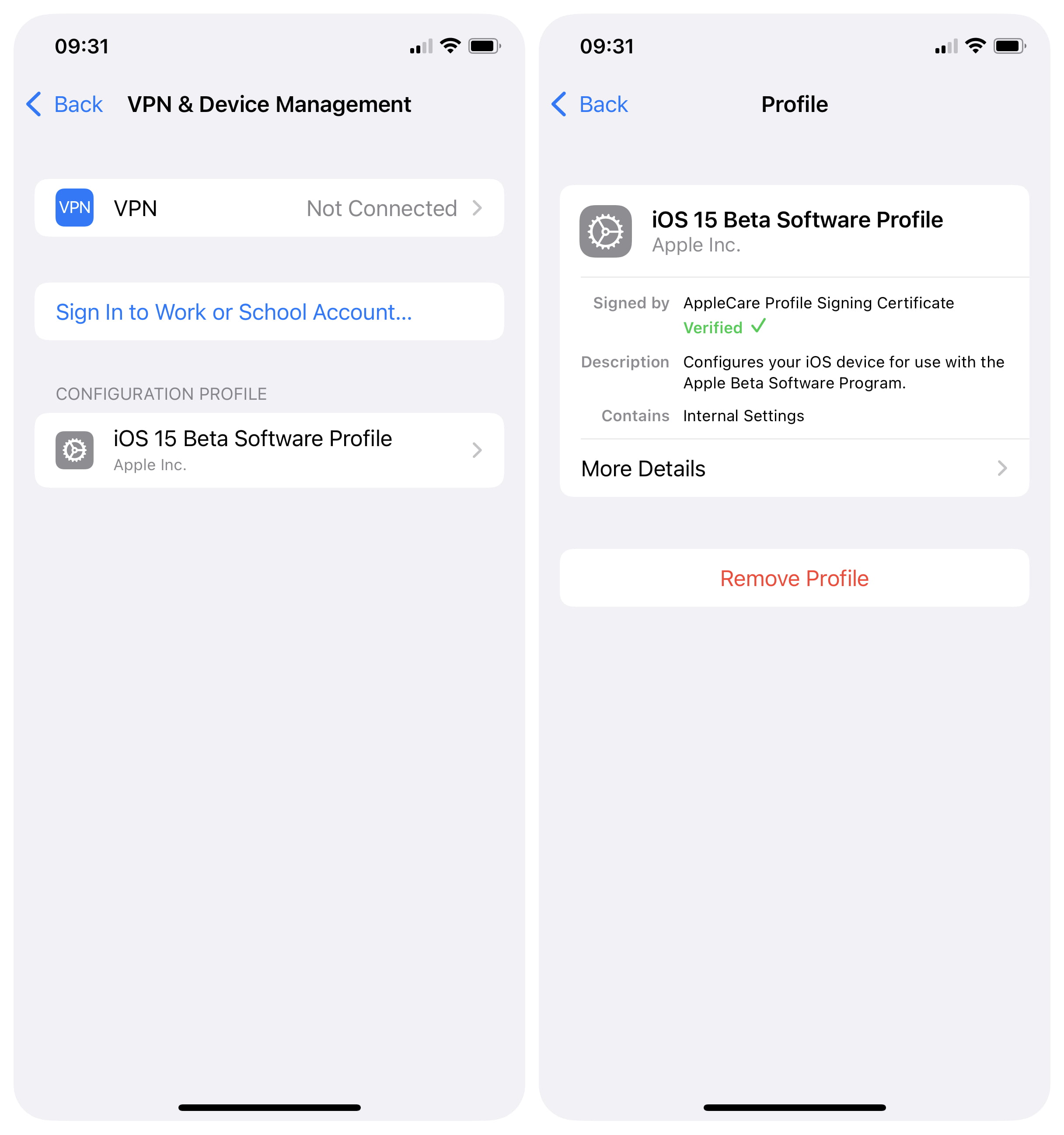 Remove iOS 15 beta profile