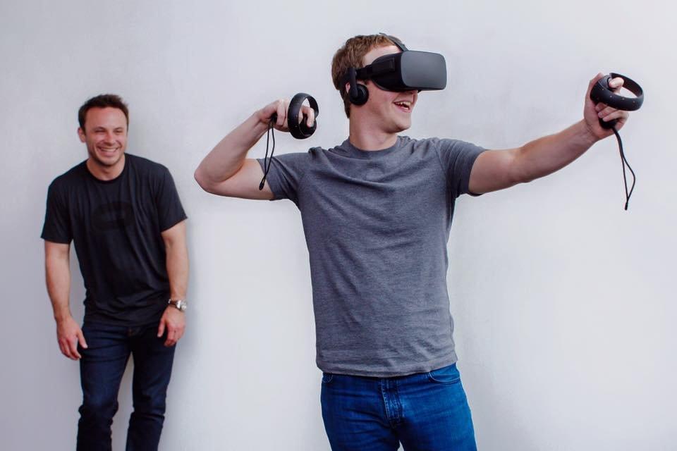Meta CEO Mark Zuckerberg testing an Oculus Rift VR headset at the Facebook headquarters