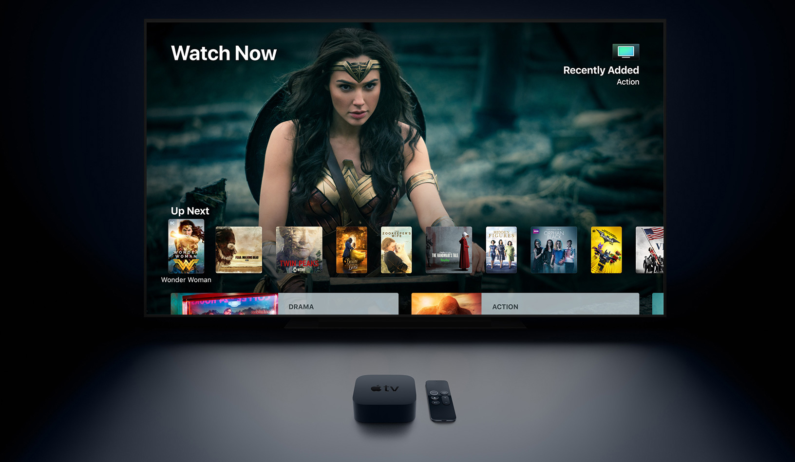 Apple TV with Wonder Woman on screen