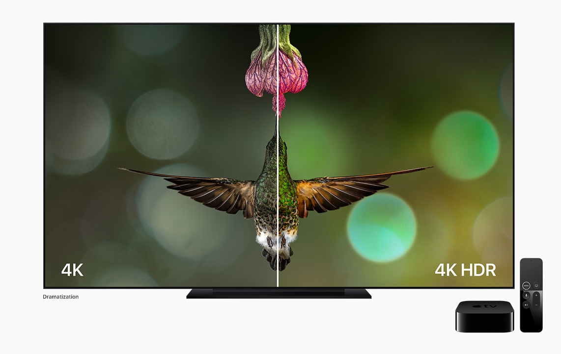 The Apple TV 4K displays a Hummingbird image with a before/after preview of HDR video output in this marketing image from Apple