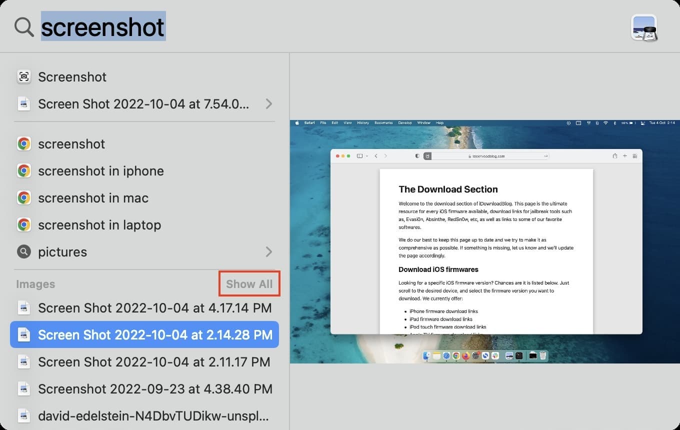 Type screenshot in Spotlight on Mac to find your screenshots quickly