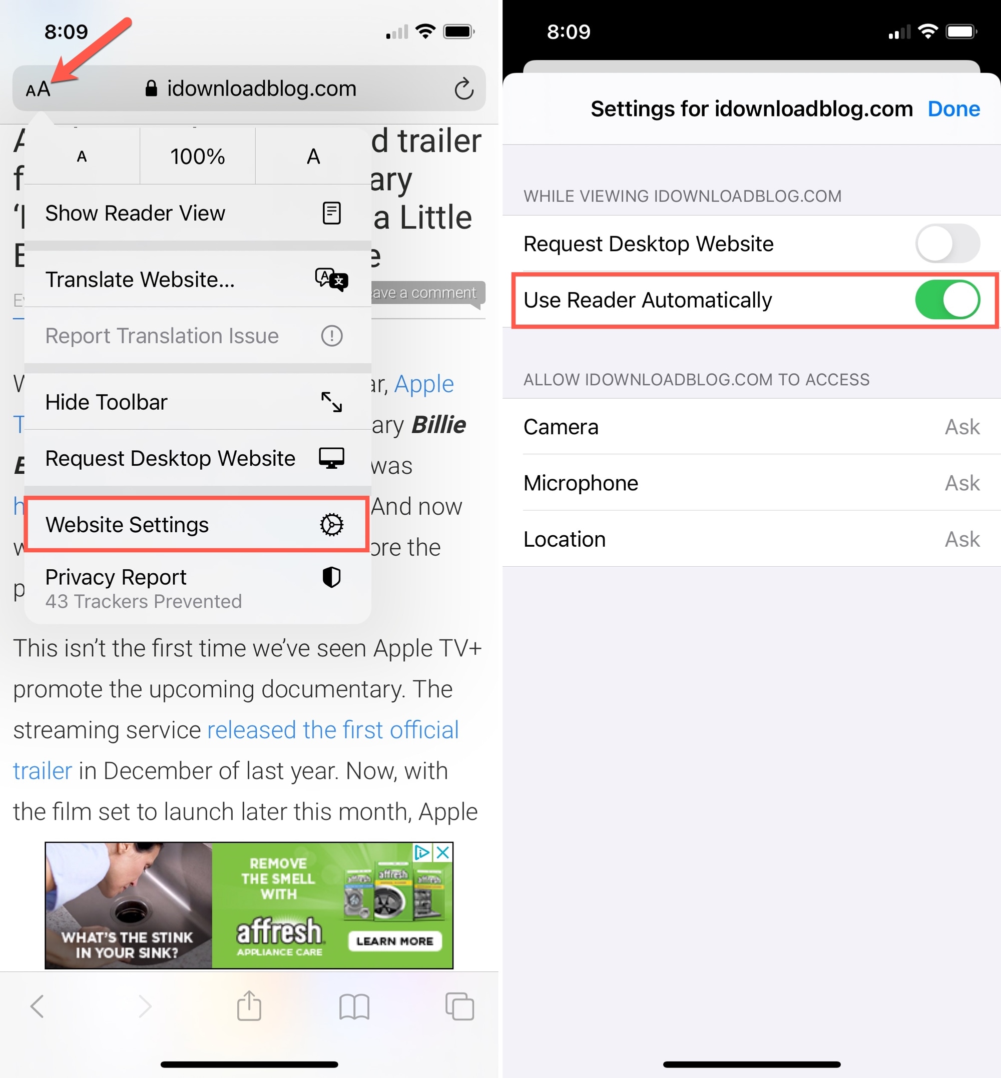 Safari Automatic Reader Mode on iPhone