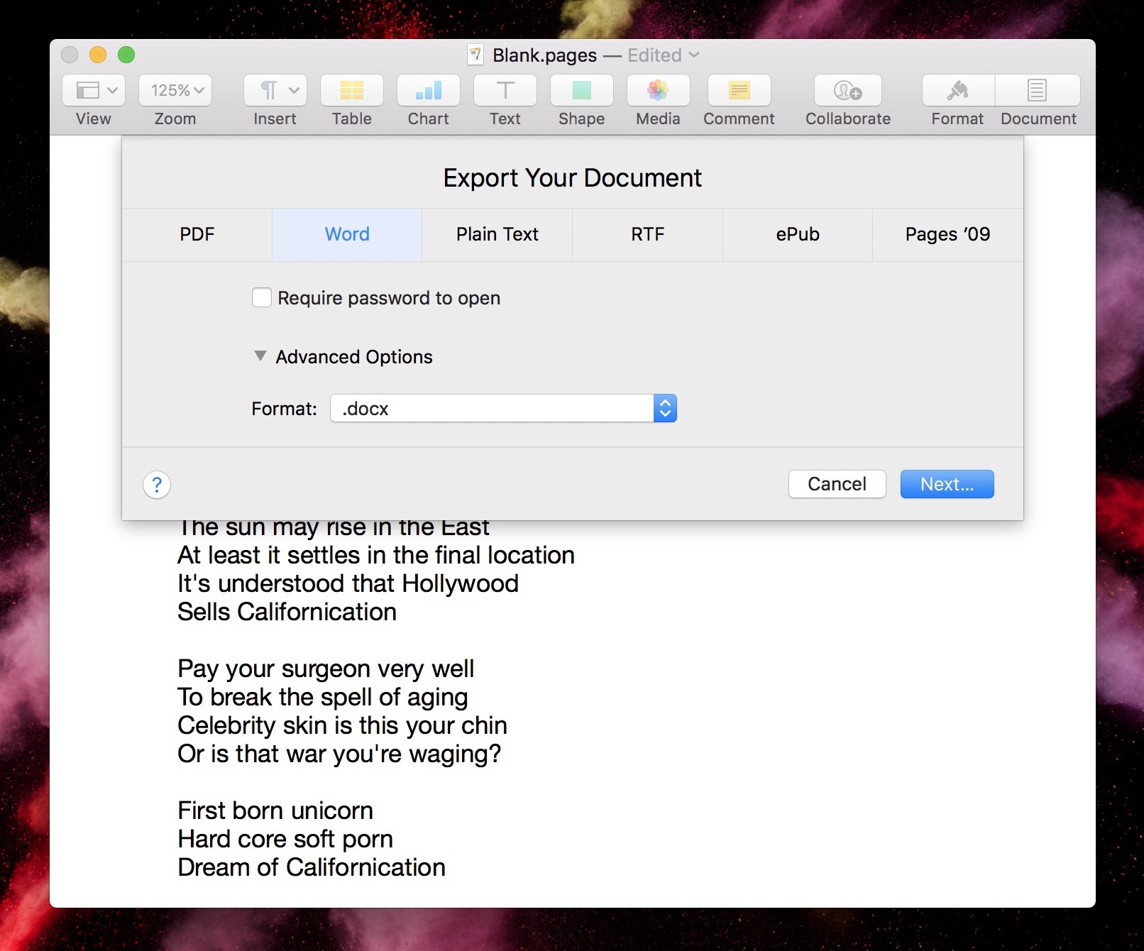 How to save a Pages document as a Word document