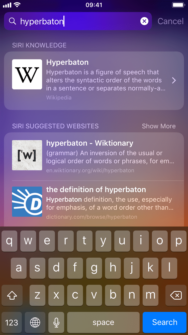 Type the word whose meaning you want to know in iPhone Spotlight Search