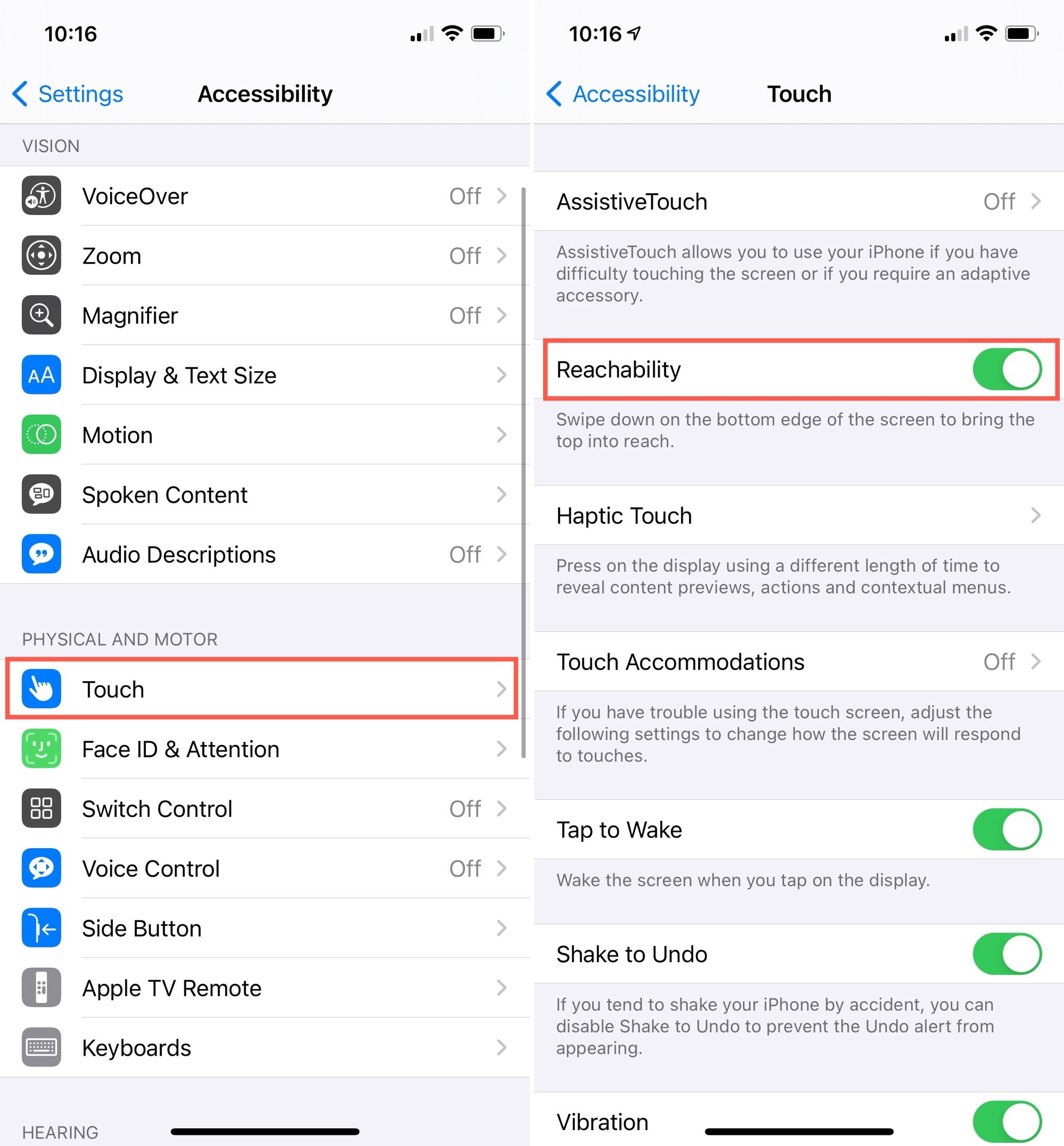 Settings, Accessibility, Touch, Reachability