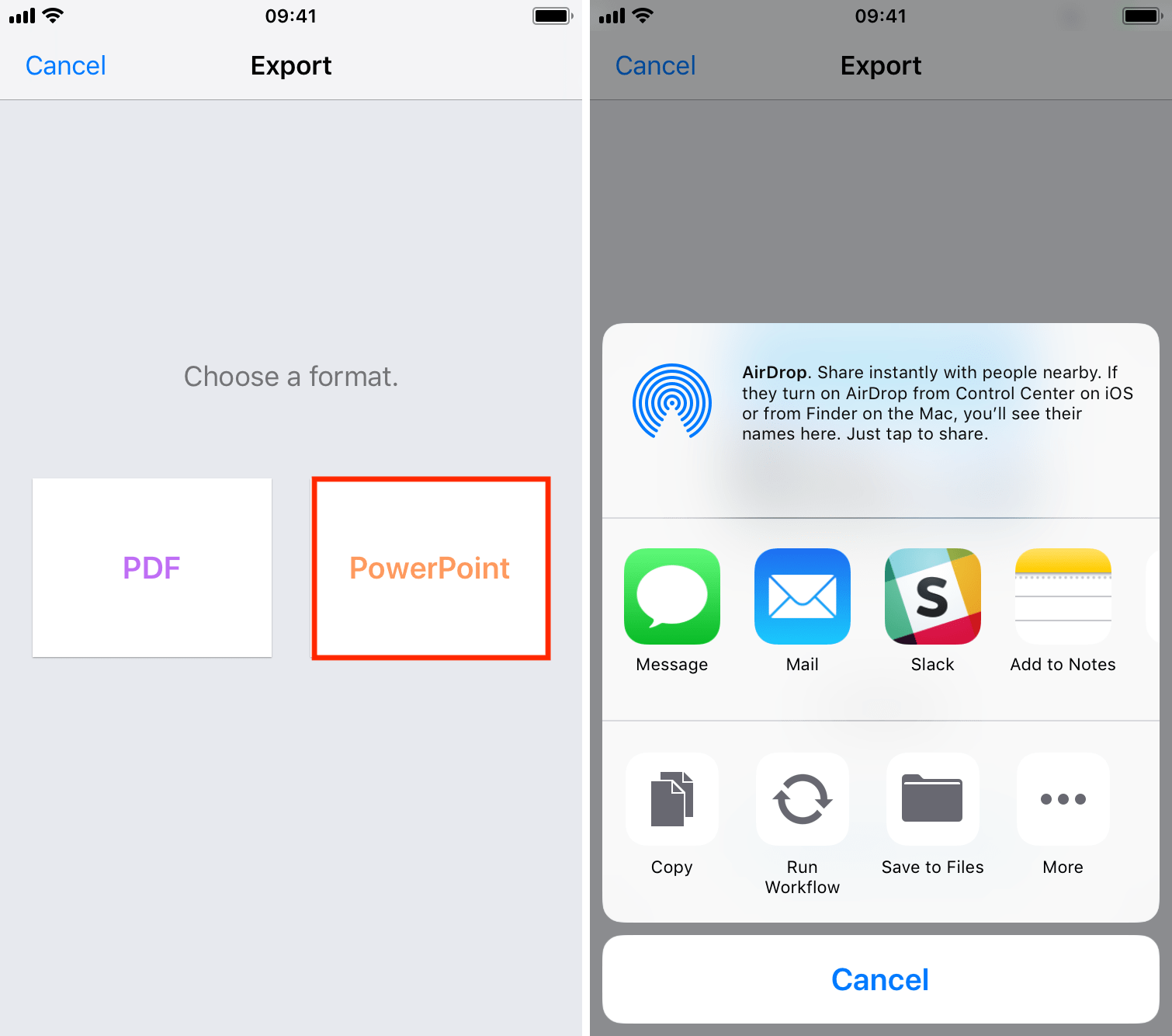 Choose PowerPoint format on iPhone
