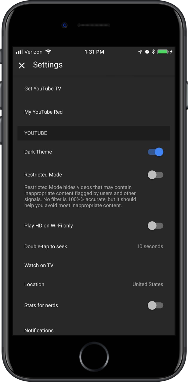 Black theme in YouTube for iOS
