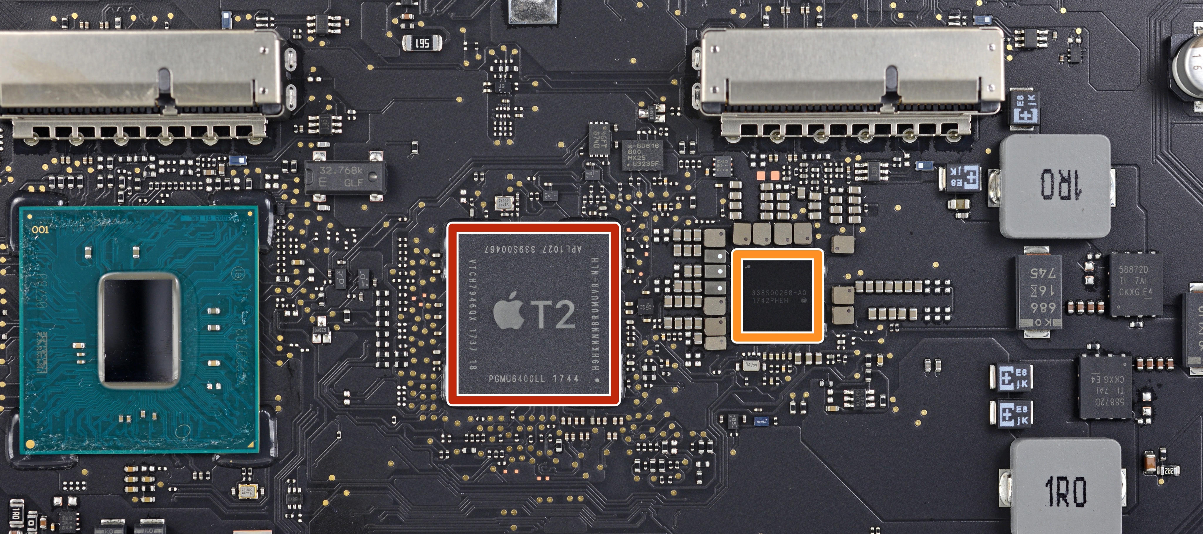The Apple T2 security chip on the iMac Pro motherboard, courtesy of iFixit
