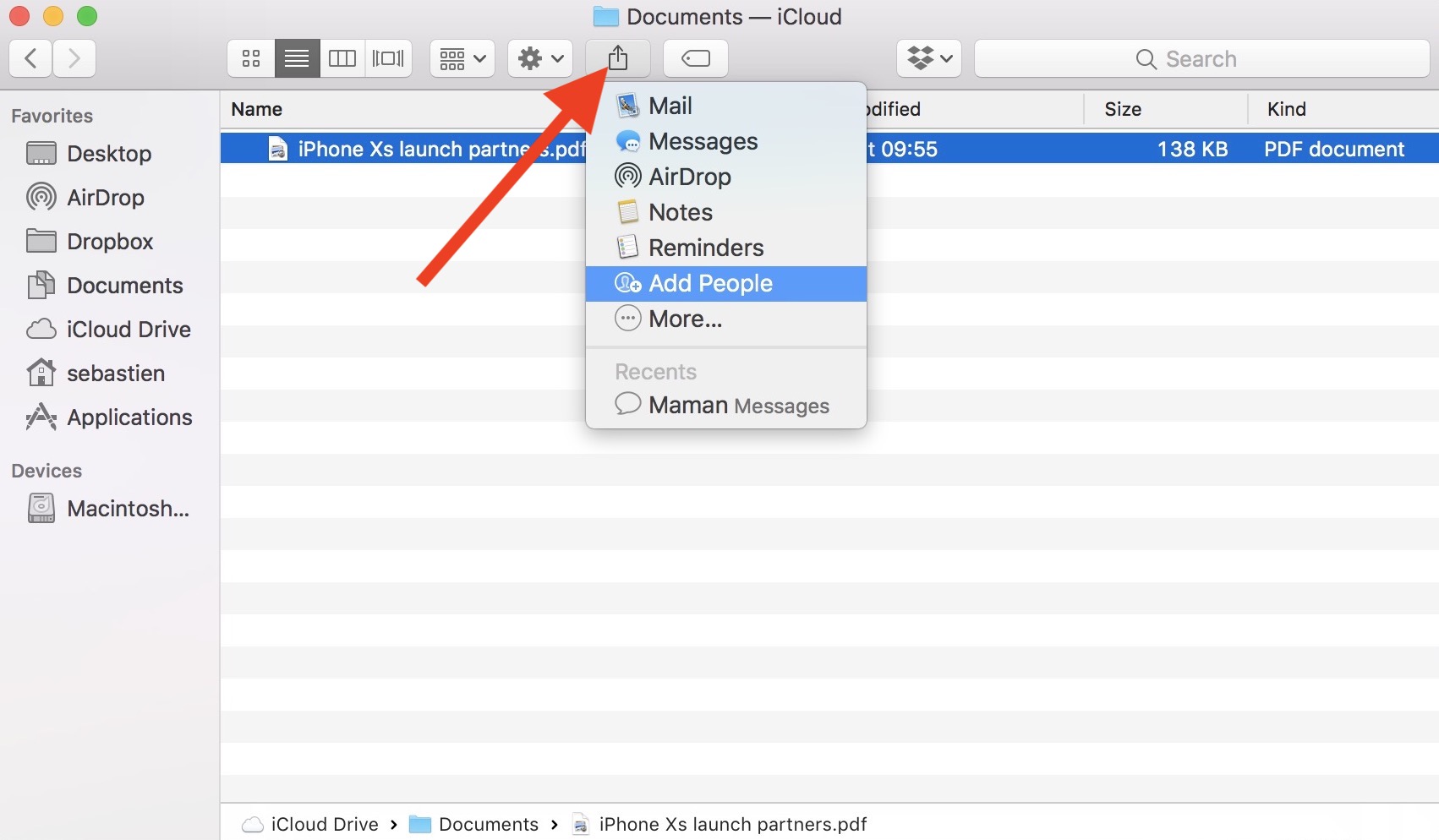 Add people to share iCloud document with on Mac