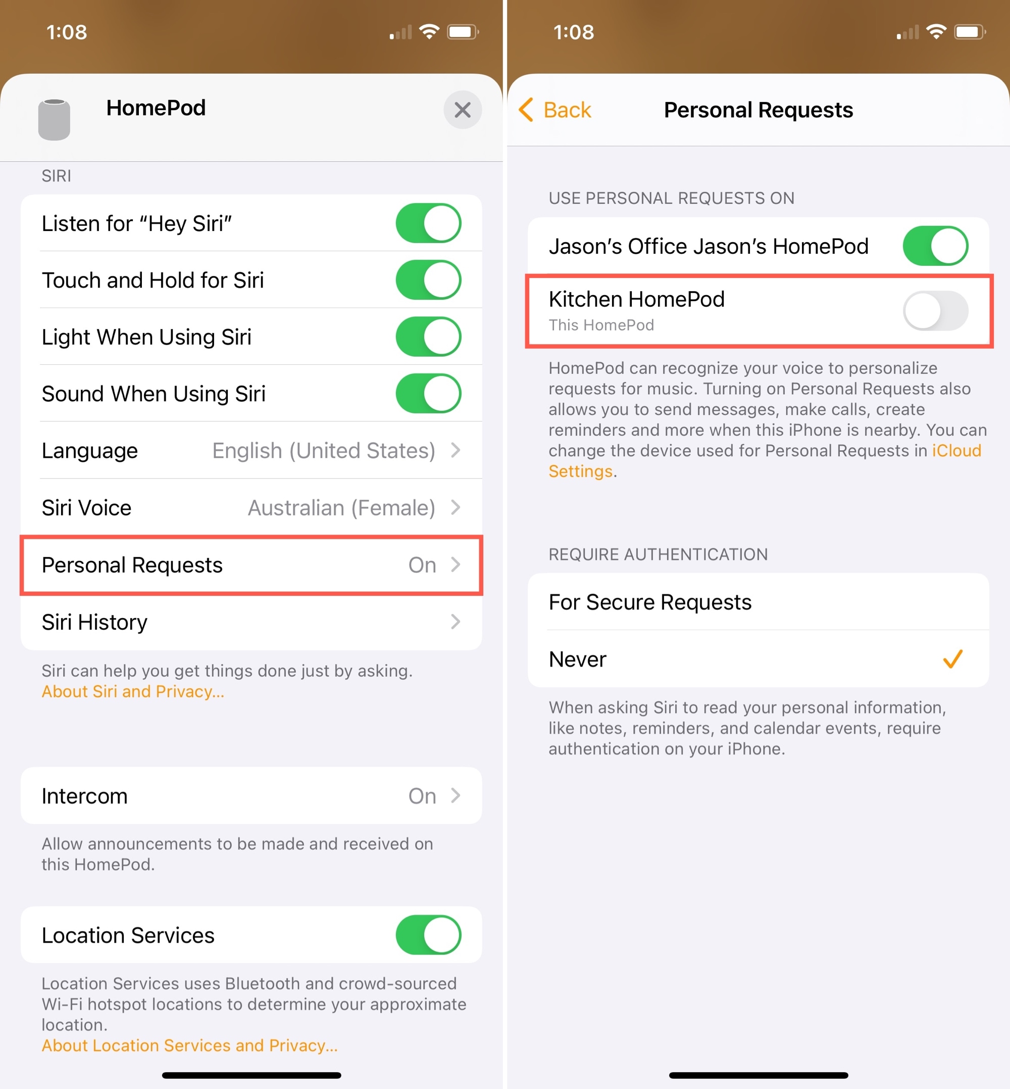 Disable Personal Requests on HomePod