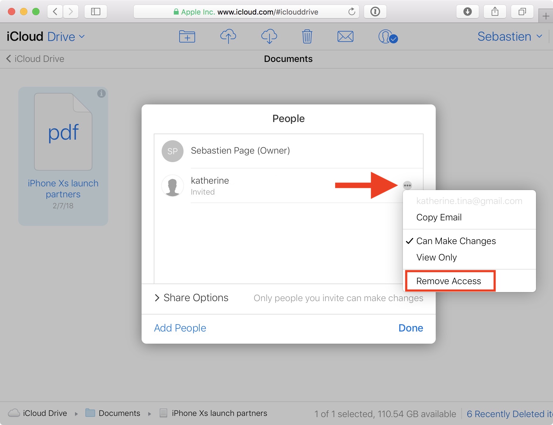 Remove iCloud drive file access to one person on icloud drive