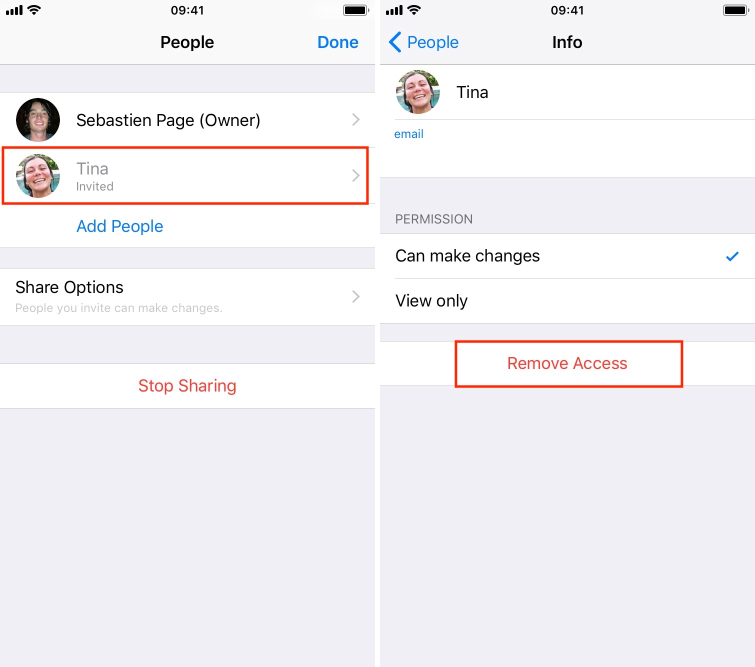 Remove file sharing access from one person on iOS