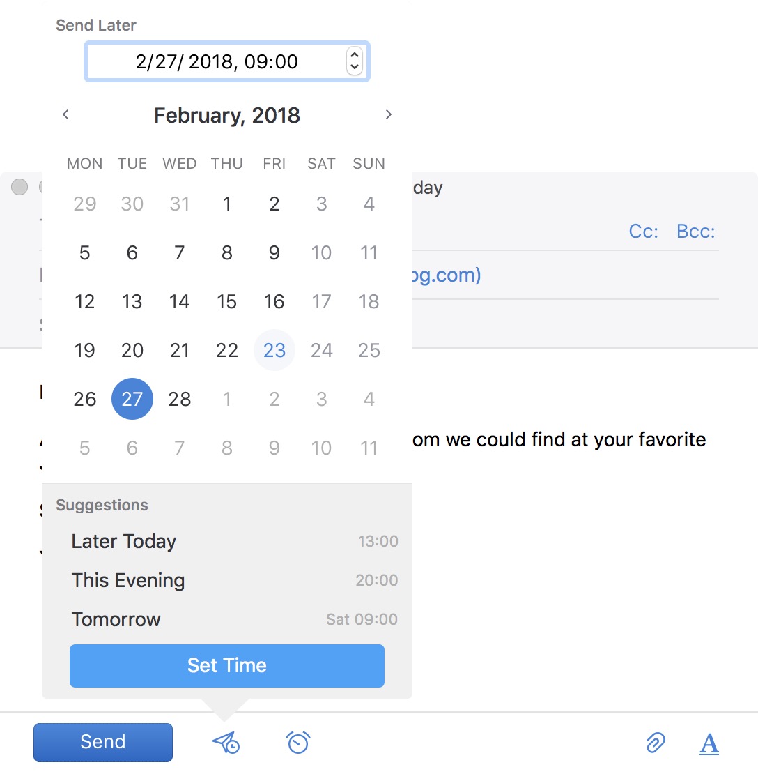 Select date and time for email schedule on Mac