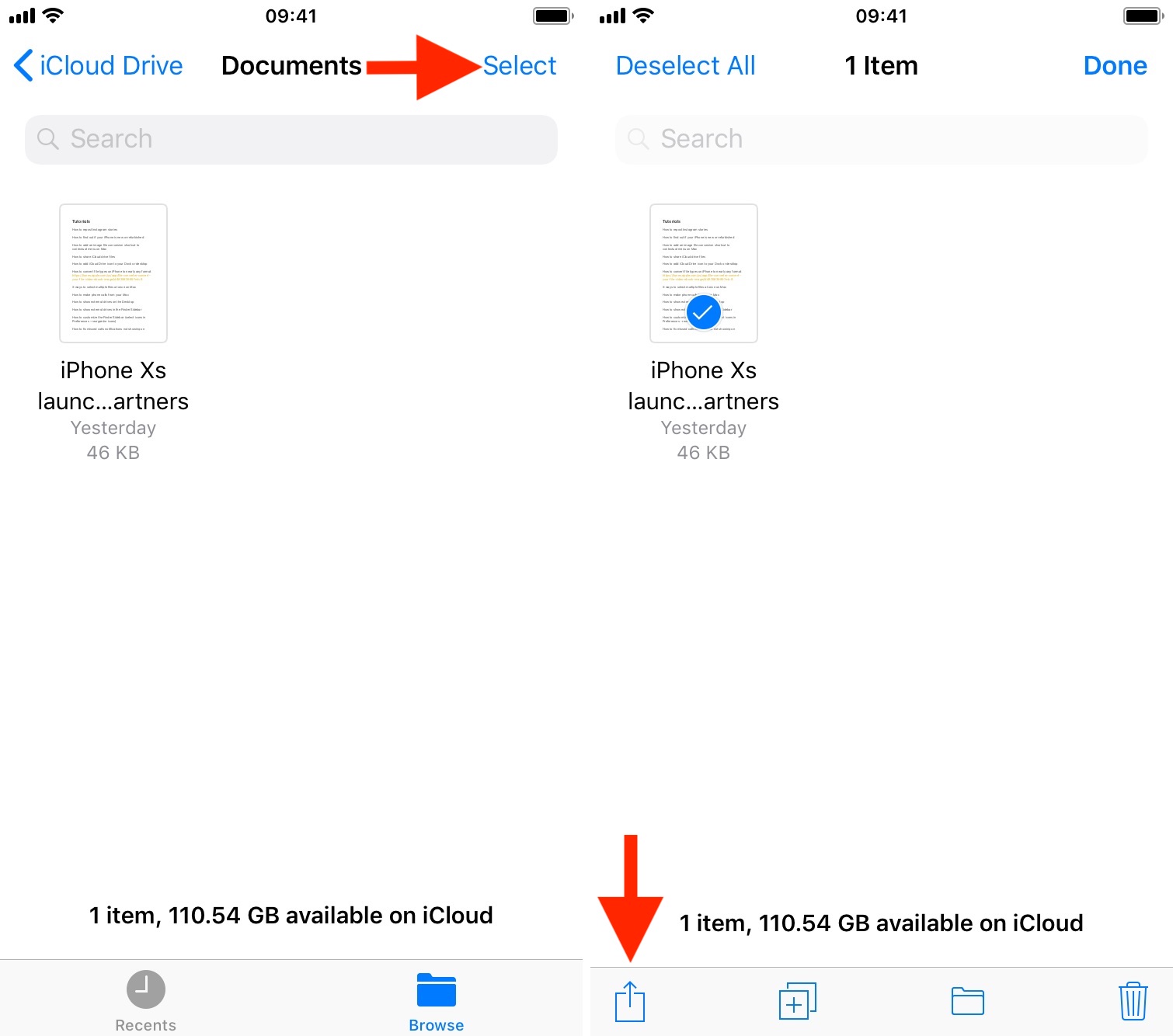Select iCloud file to share on iPhone