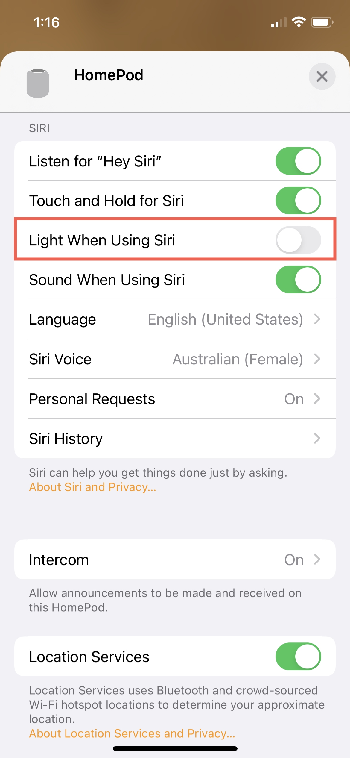 HomePod Light When Using Siri Off