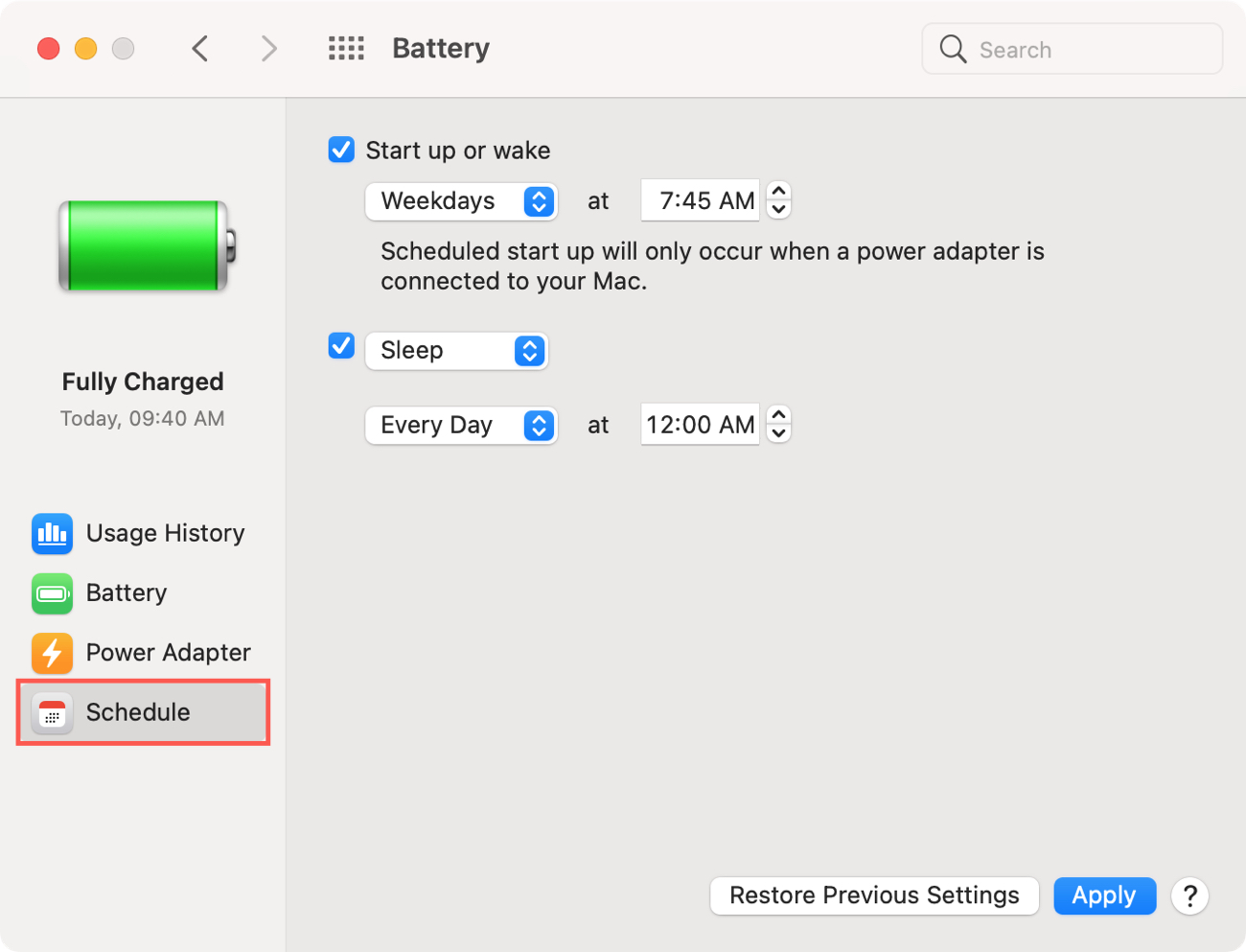 Battery, Schedule on Mac