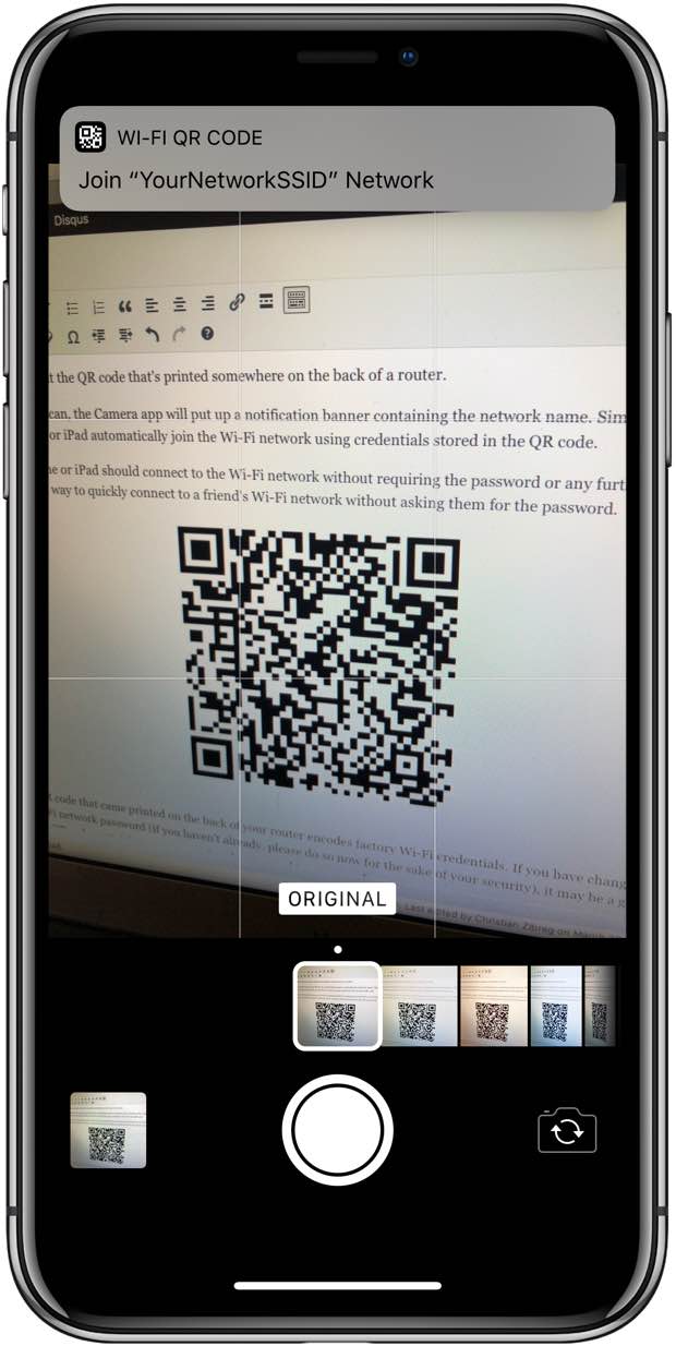 Join Wi-Fi by pointing your iPhone camera to the Wi-Fi QR code