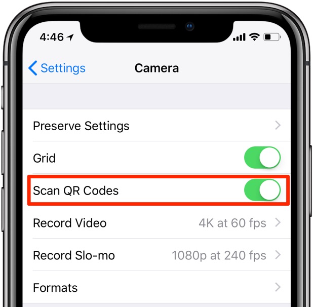 Enable Scan QR codes in iPhone Camera settings