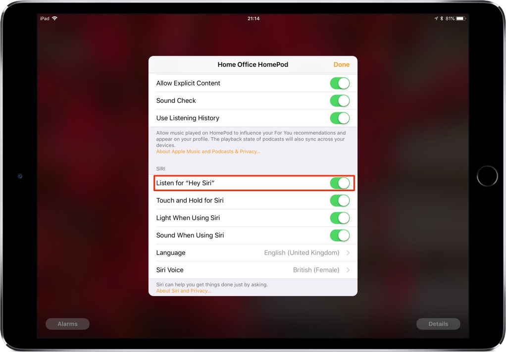 A Home app settings screenshot showing the disabled HomePod option labeled “Listen for Hey Siri”