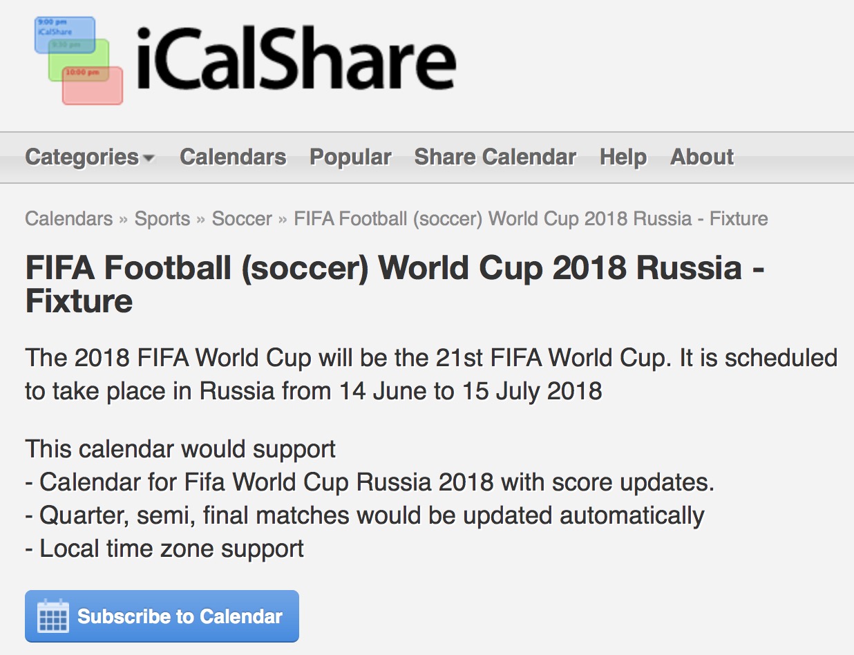 FIFA Football World Cup 2018 Russia calendar