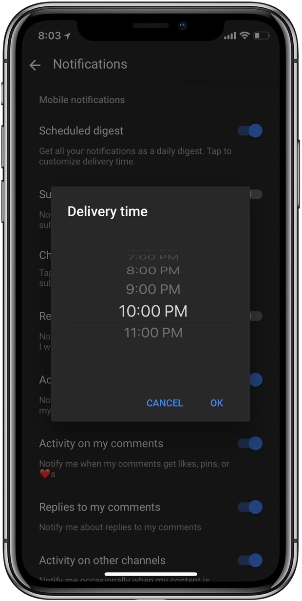 YouTube scheduled digest delivery time