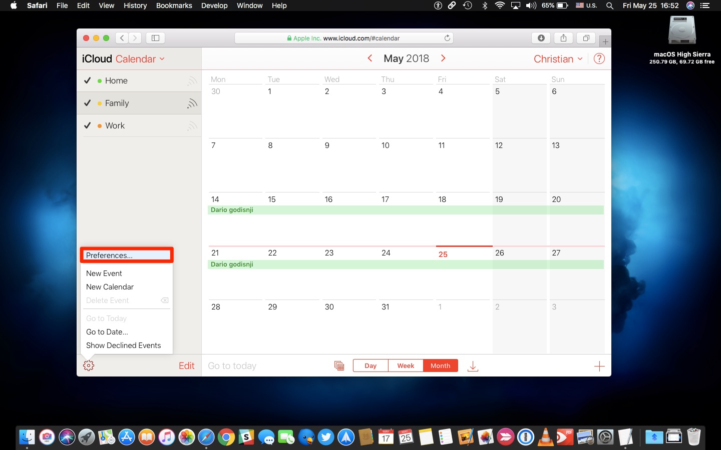 Apple Calendar birthdays iCloud preferences