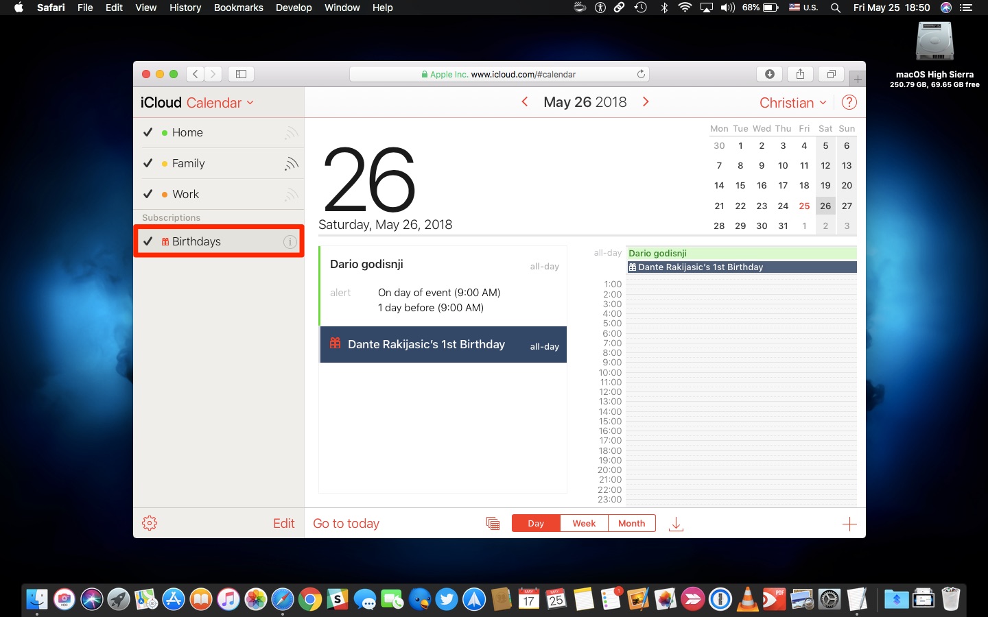 Apple Calendar birthdays iCloud selected