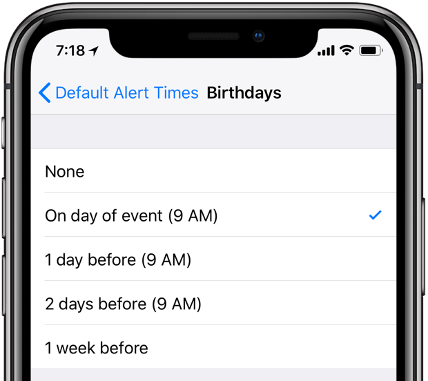 Apple Calendar birthdays iPhone alert times