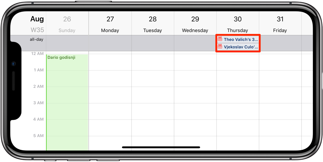 Apple Calendar birthdays iPhone landscape