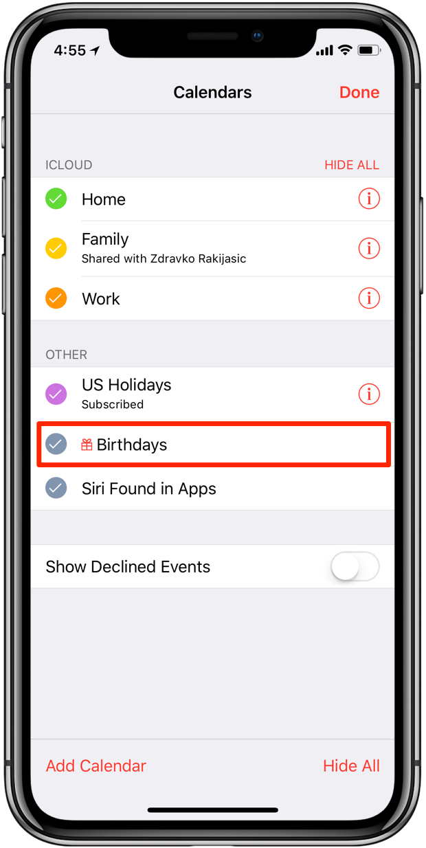Apple Calendar birthdays iPhone