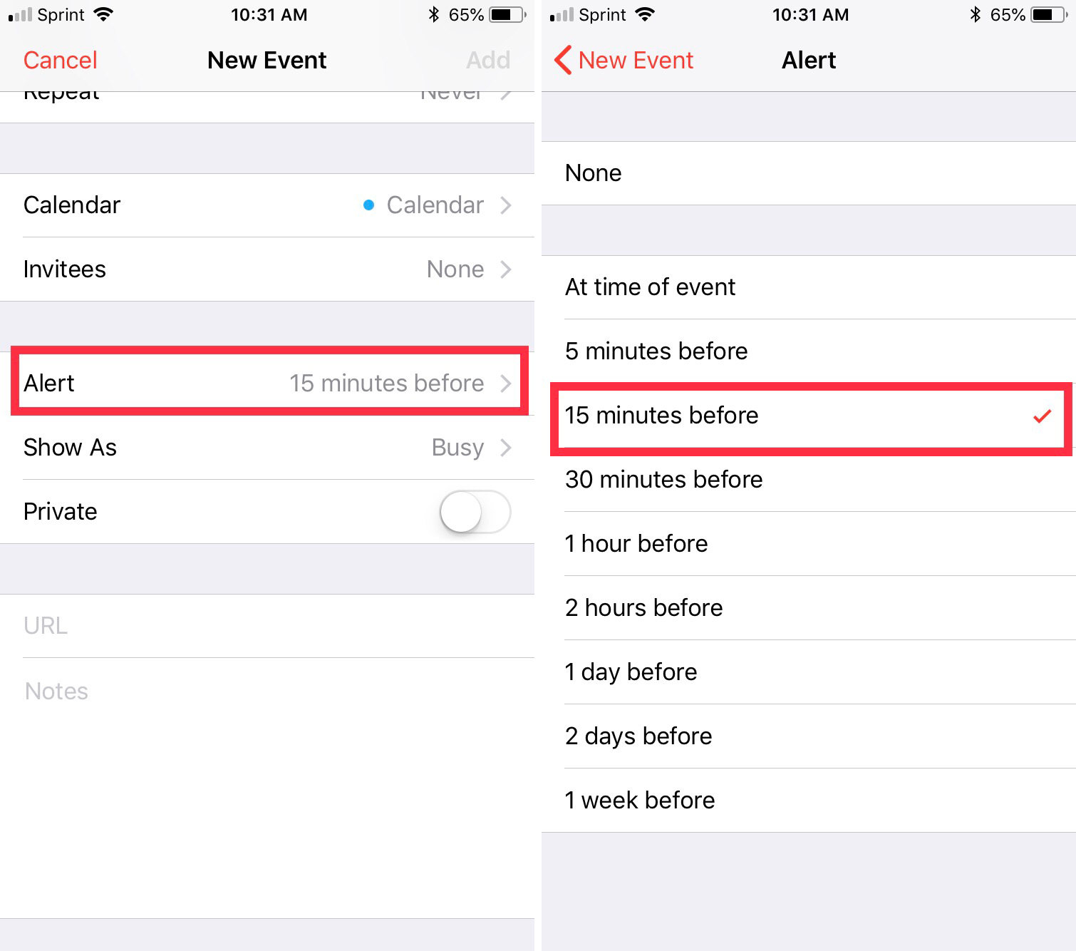 How to create iPhone Calendar default alert times for events