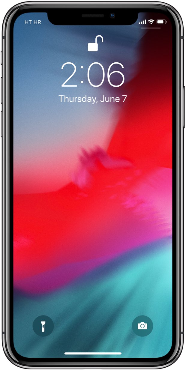 The Lock screen on an iPhone X with an unlocked Face ID padlock icon shown at the top
