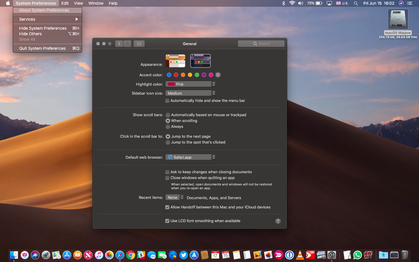 macOS Mojave Dark Mode with the gray accent and highlight color