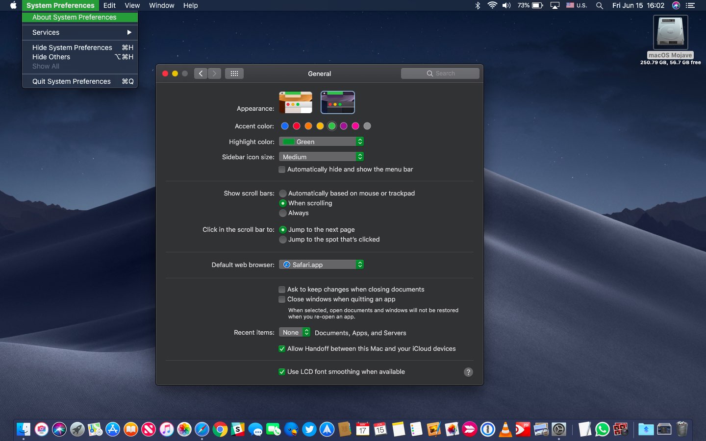 macOS Mojave Dark Mode with the green accent and highlight color