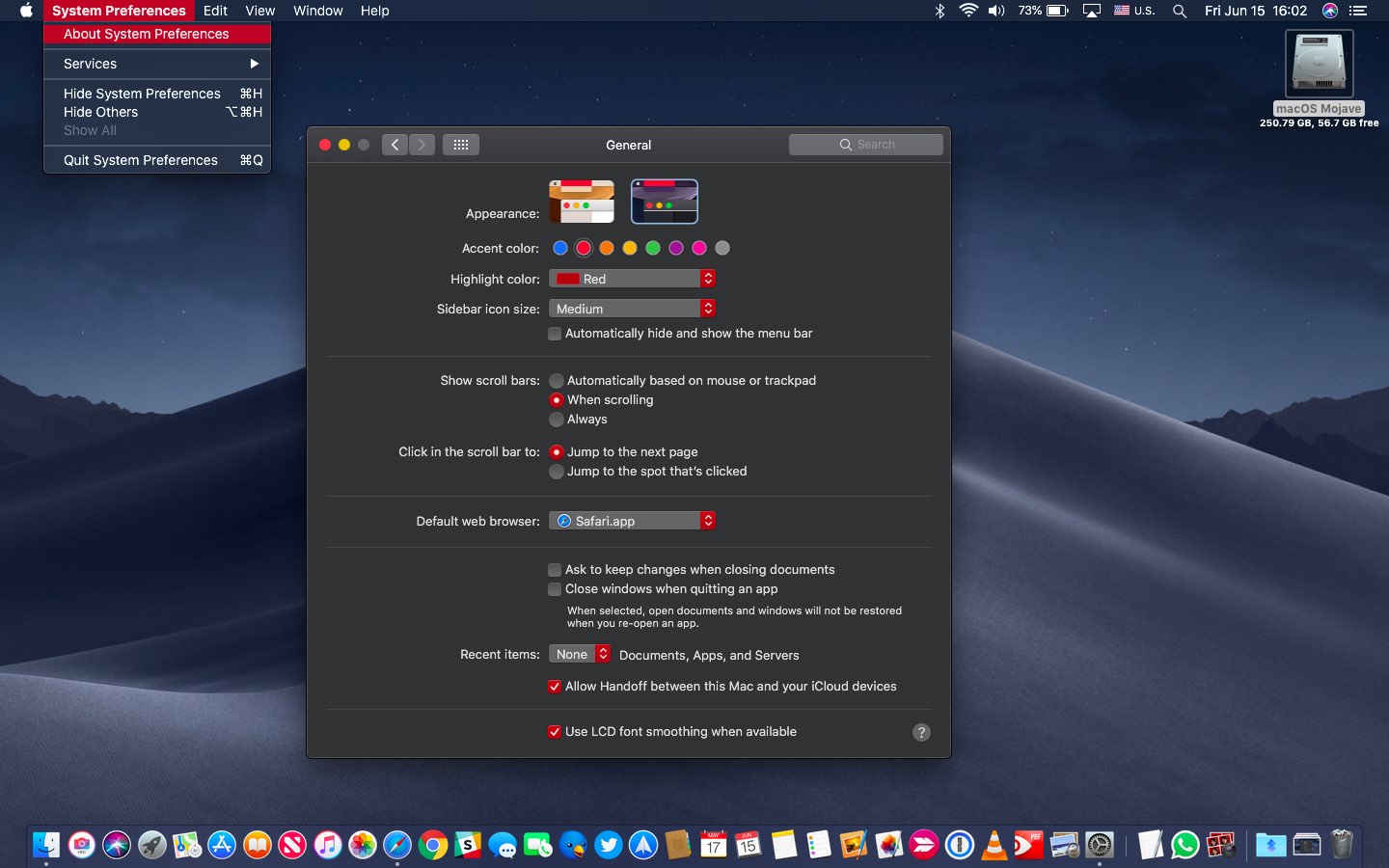 macOS Mojave Dark Mode with the red accent and highlight color