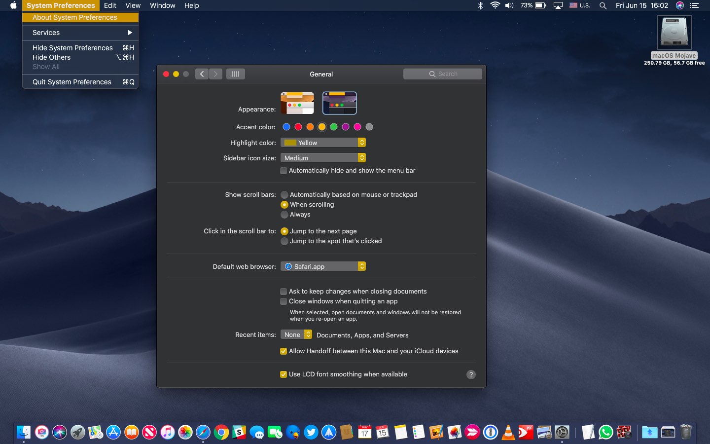 macOS Mojave Dark Mode with the yellow accent and highlight color