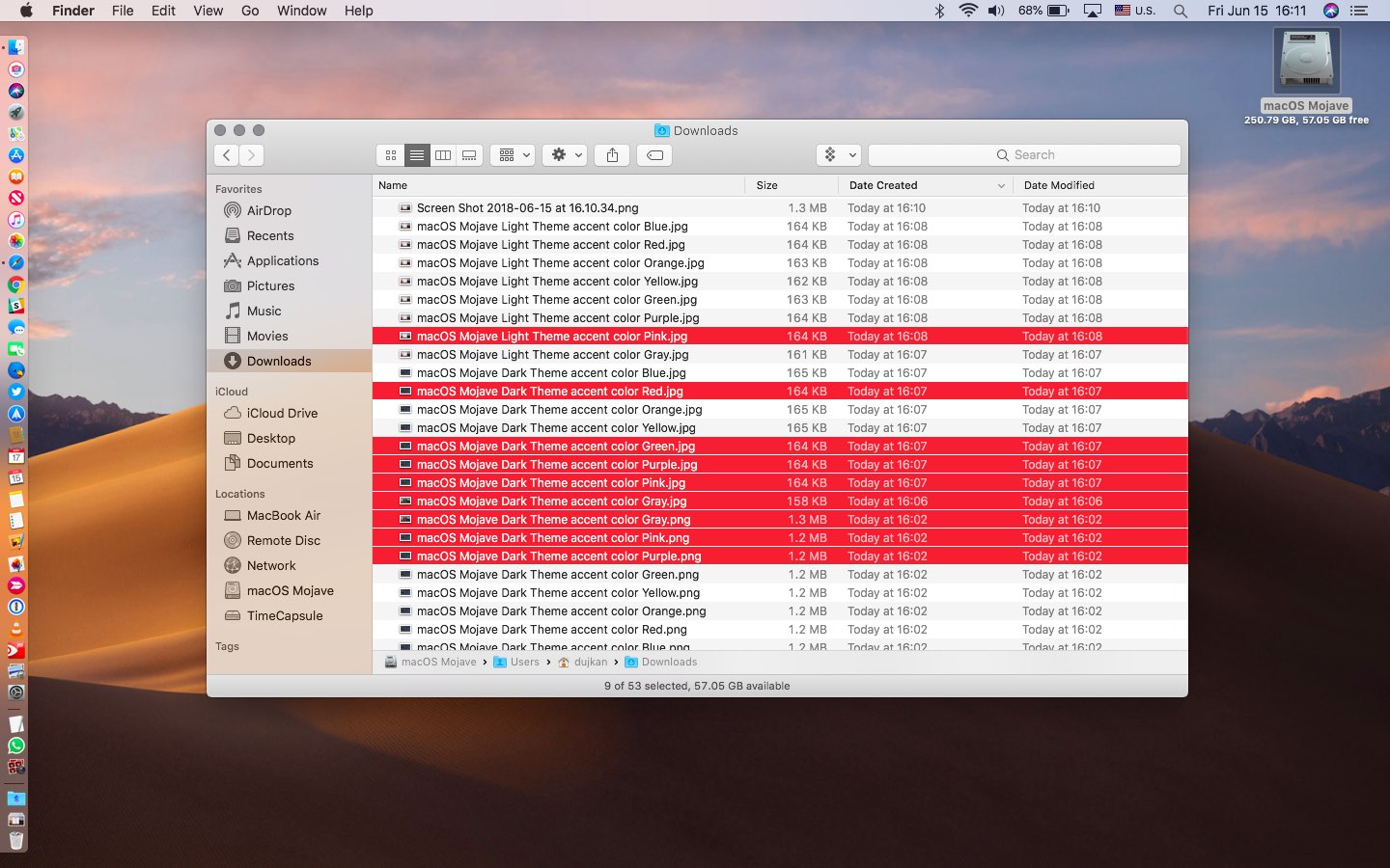 The Finder showing a non-adjacent file selection in the red highlights color