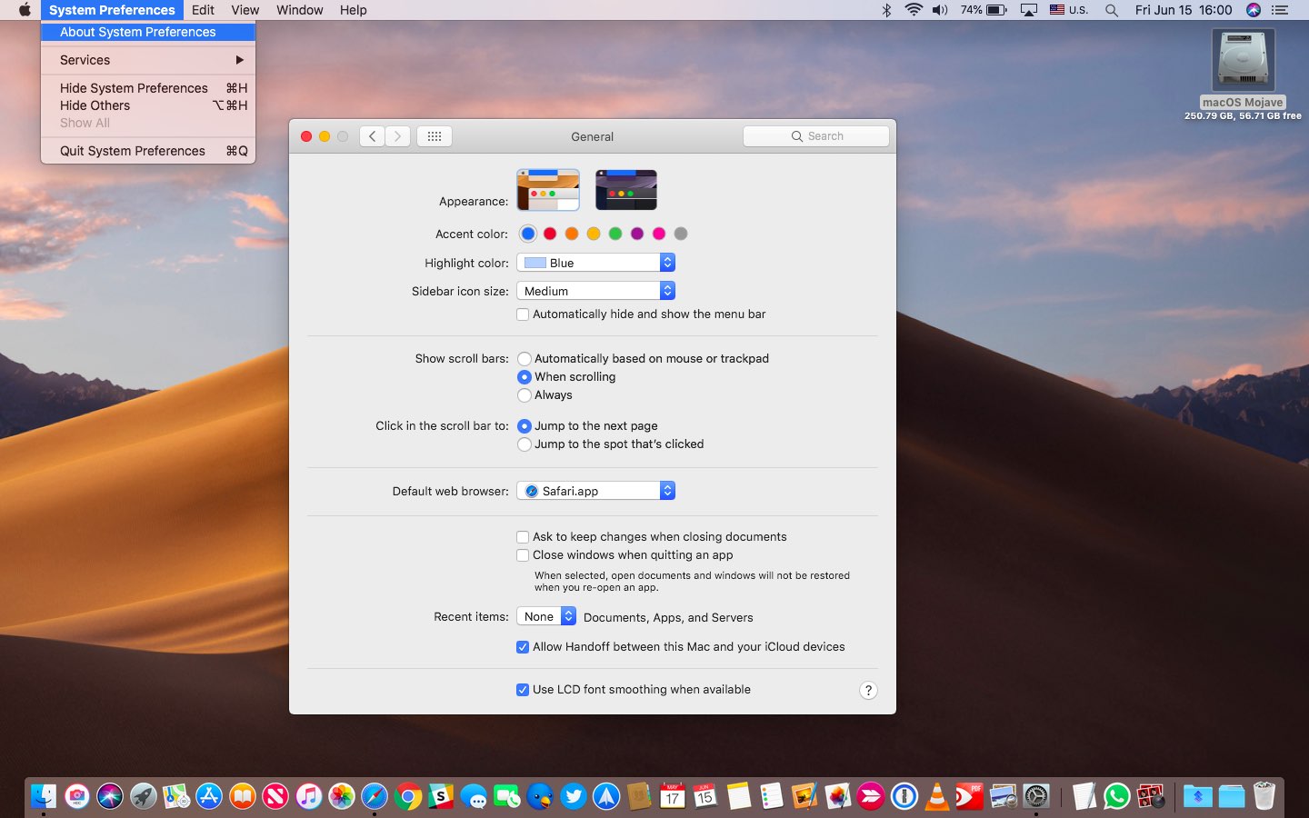 macOS Mojave Light Mode with the blue accent and highlight color