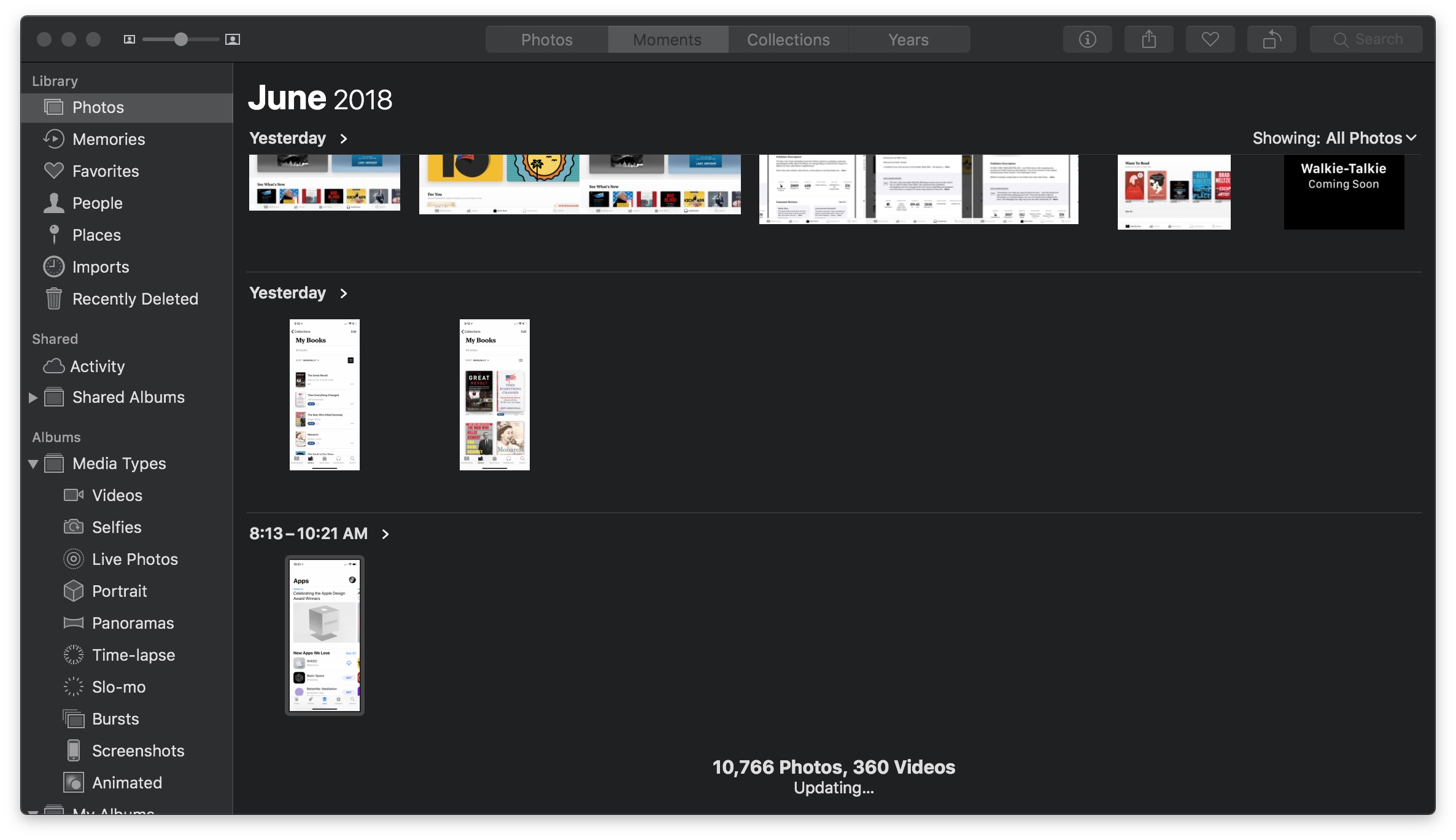 The Apple Photos app shown running in Dark Mode on macOS Mojave