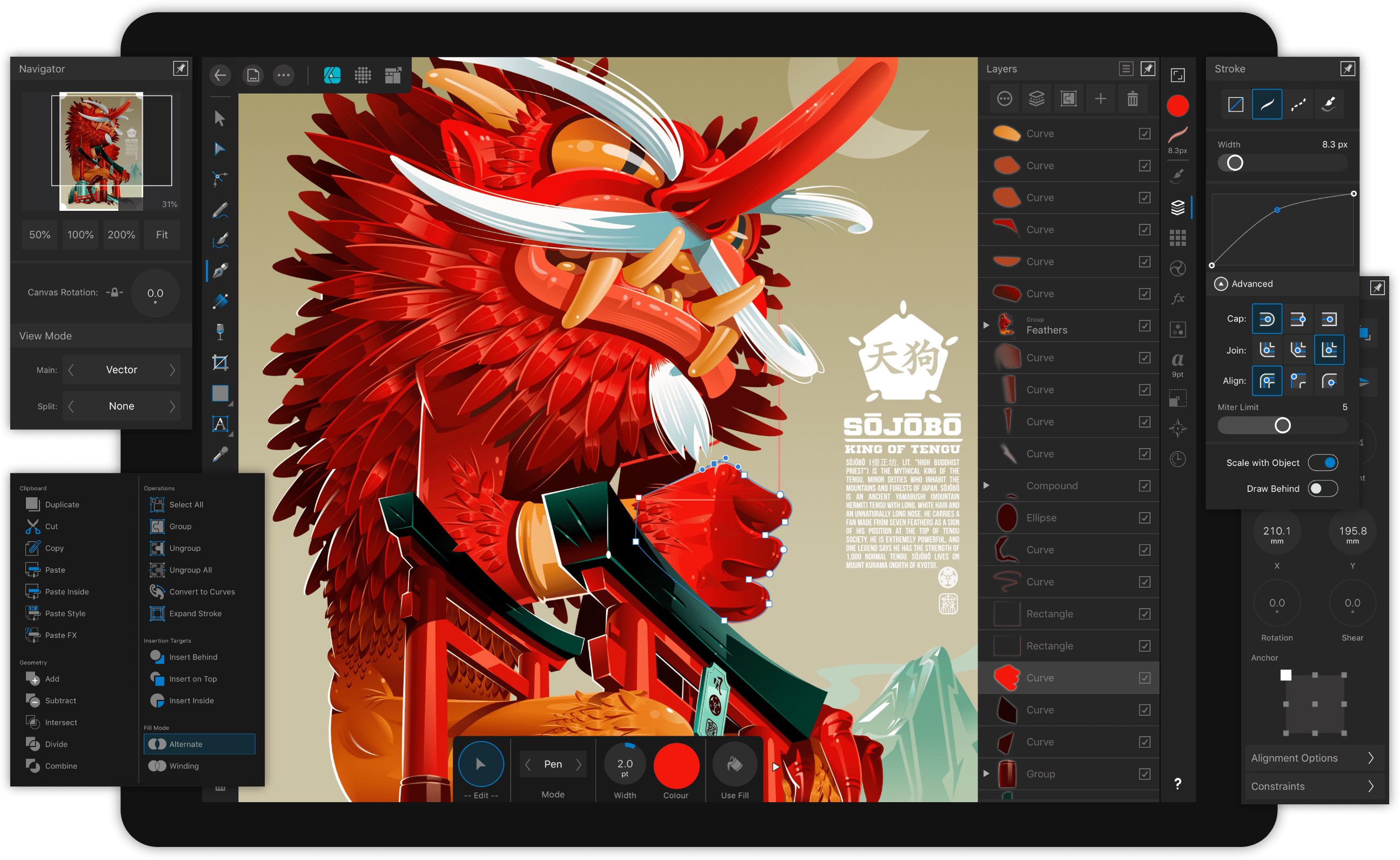 Affinity Designer for iPad: a screenshot showing brush selections and raster tools