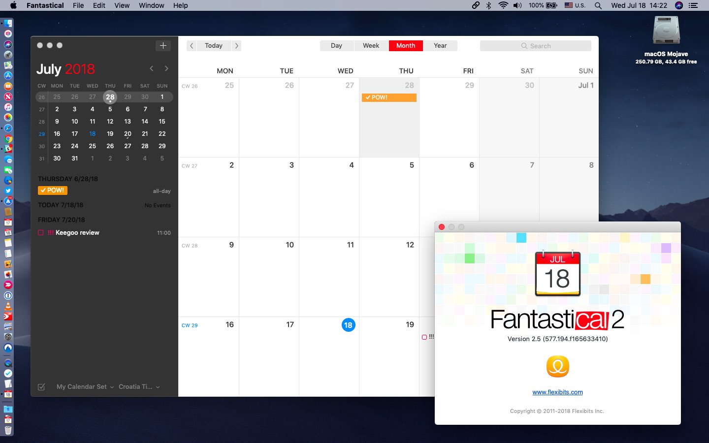 A screenshot showing the Mac calendar replacement, Fantastical from developer Flexibits