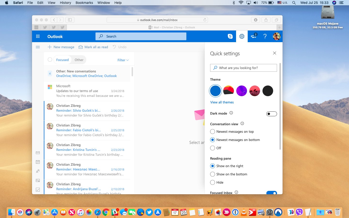 Outlook's Dark Mode is currently limited to the default blue theme.