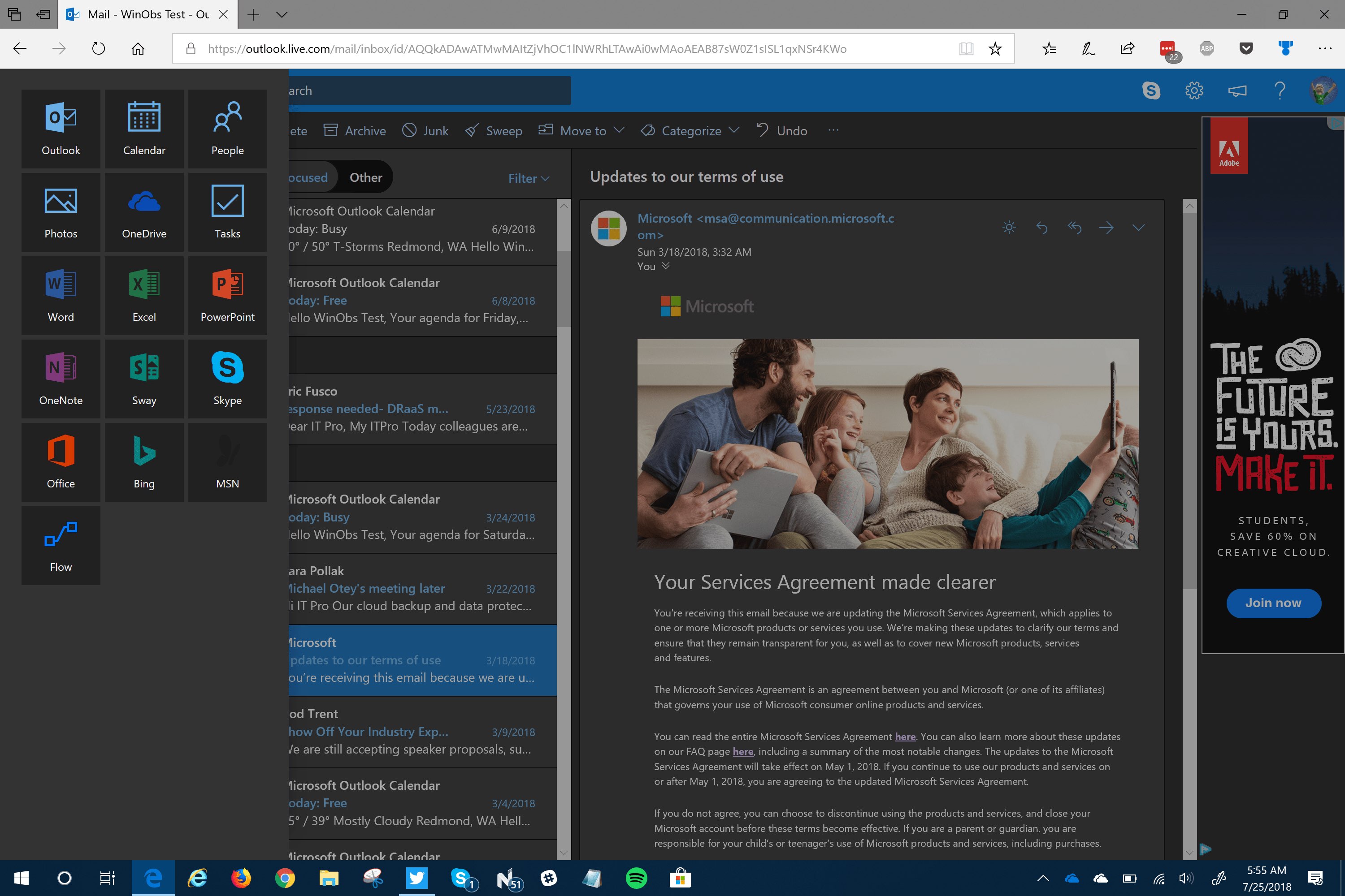Example screenshots showcasing the various aspects of Dark Mode on Outlook.com