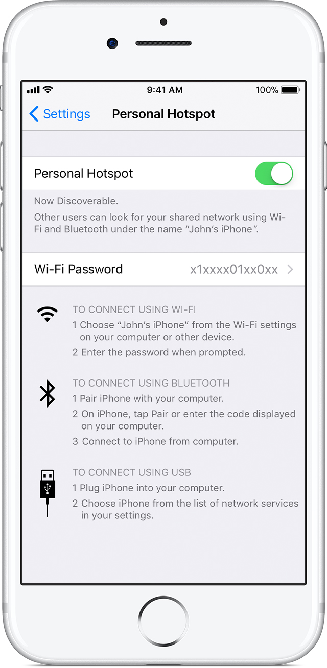 A Settings app screenshot showing the Personal Hotspot feature toggled on
