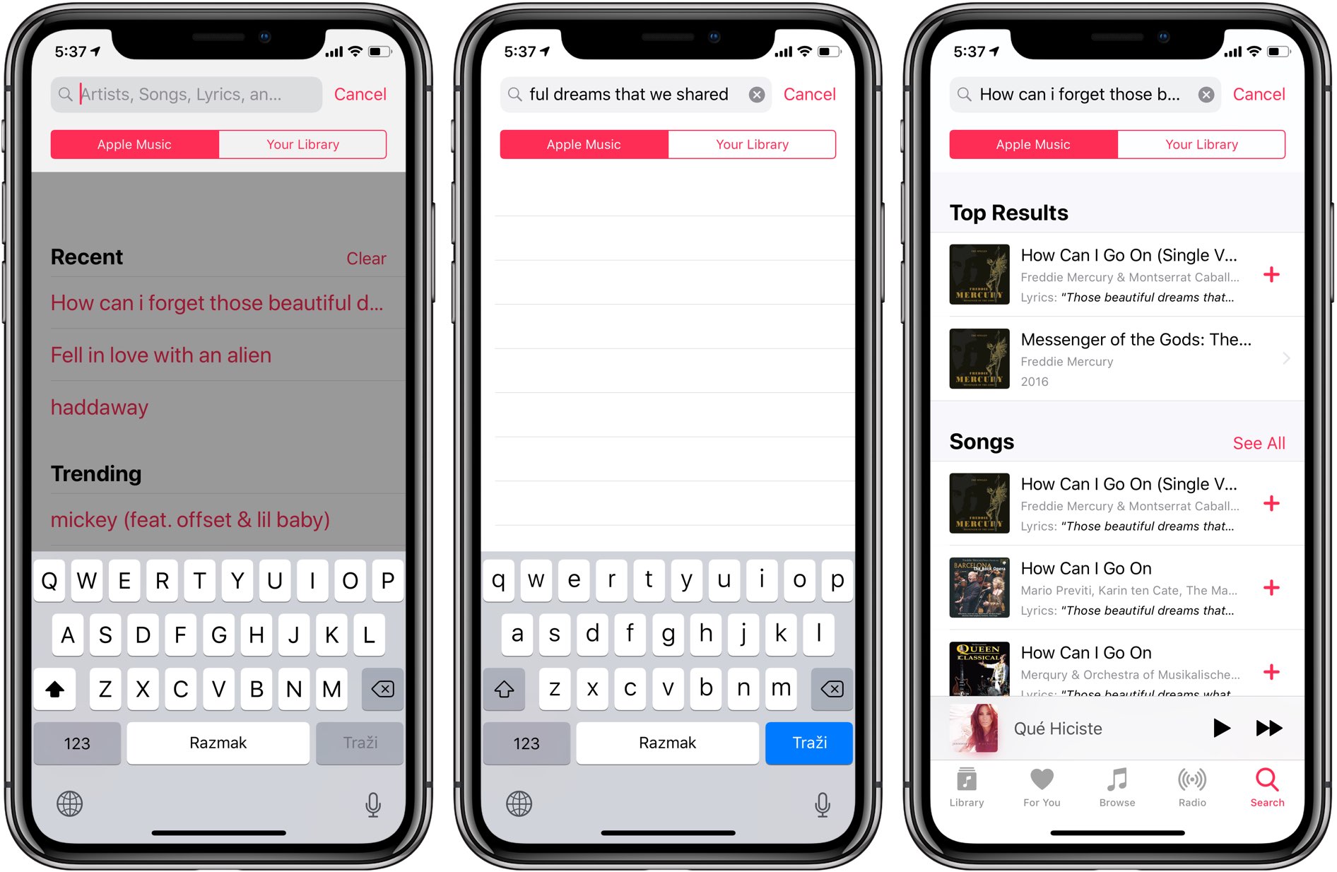 Use the Search feature in iOS 12's Music app to find songs by their lyrics