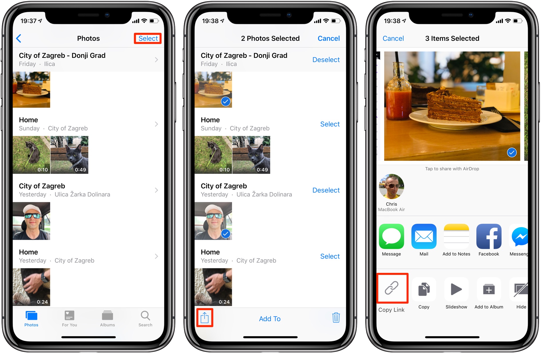 Partager des photos iPhone - Une capture d'écran montrant comment sélectionner plusieurs éléments et les partager via une action Copier le lien dans le menu Partager