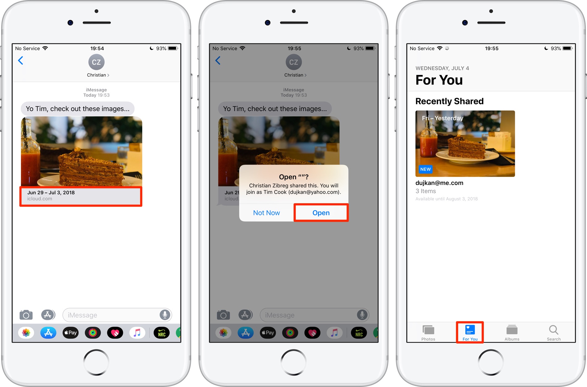 Partager des photos iPhone - Une capture d'écran montrant l'ouverture d'un lien de partage multimédia iCloud.com à partir des messages iOS