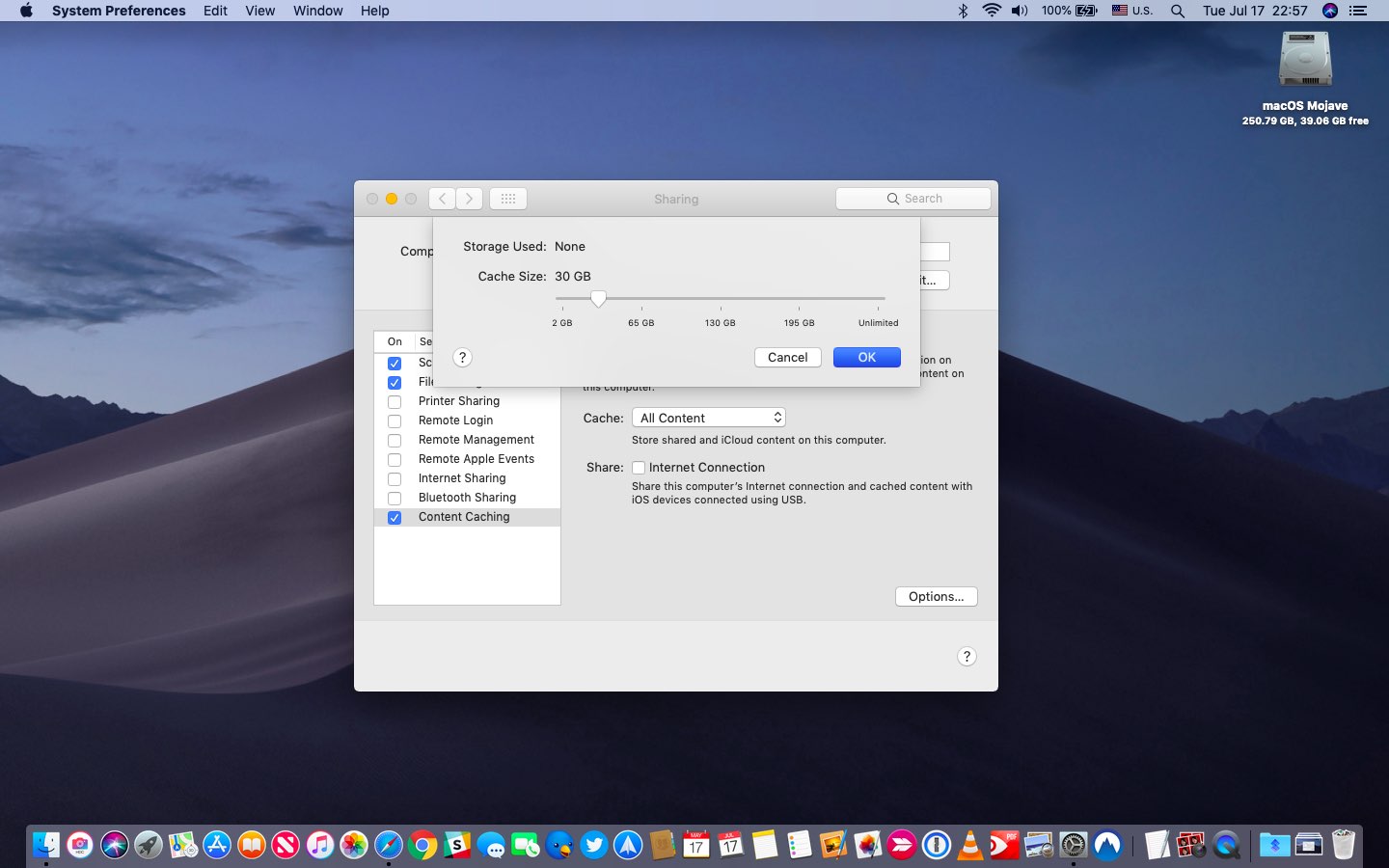 A screenshot illustrating adjusting the content cache size in macOS Mojave