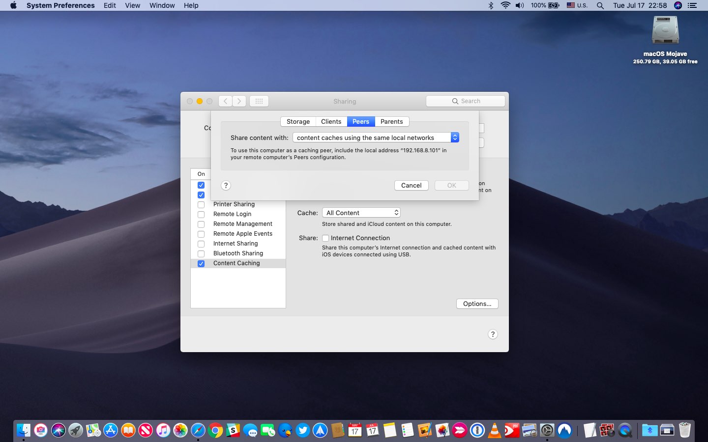 A screenshot showing content caching options for peers in macOS Mojave